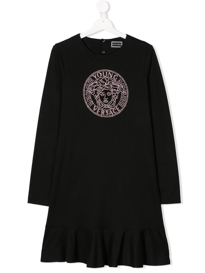 Young Versace Teen Logo Rhinestone Dress - Black