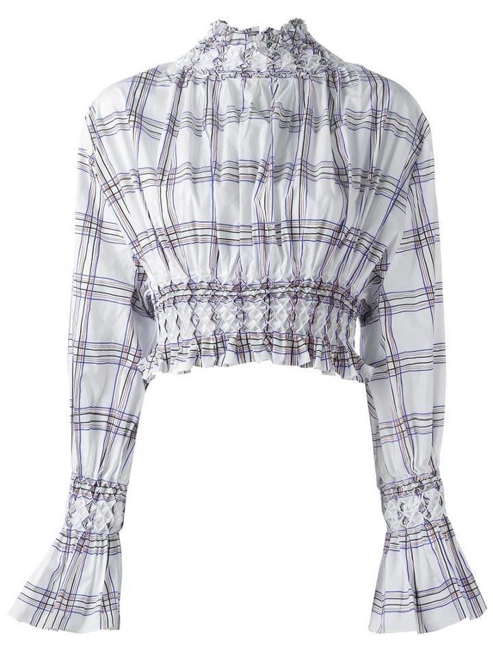Kenzo Plaid Smocked Blouse, Women's, Size: 36, White, Cotton