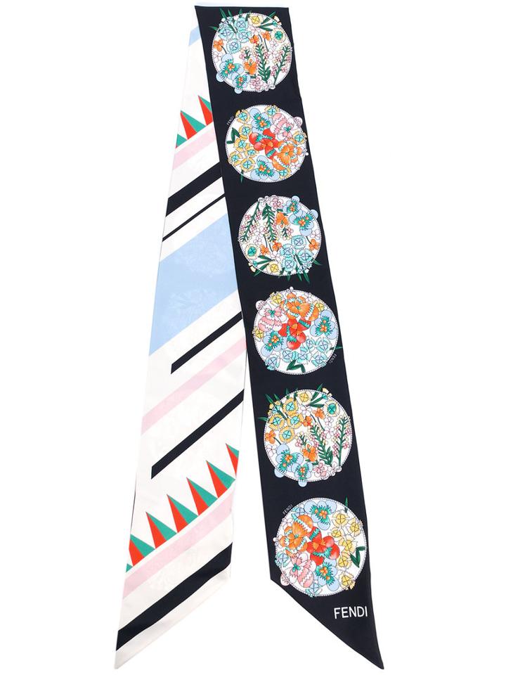 Fendi Skinny Printed Scarf, Women's, Black, Silk