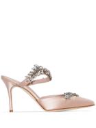 Manolo Blahnik Lurum 90mm Crystal-embellished Mules - Neutrals