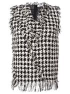 Msgm Fringed Houndstooth Gilet, Women's, Size: 44, Black, Cotton/polyamide/linen/flax/viscose