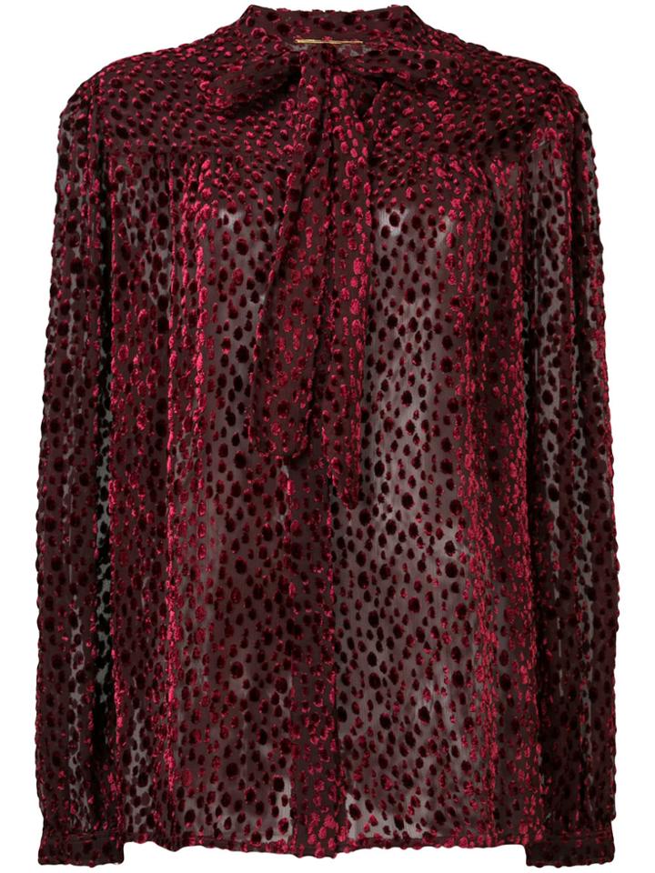 Saint Laurent Devoré Pussy Bow Shirt - Red