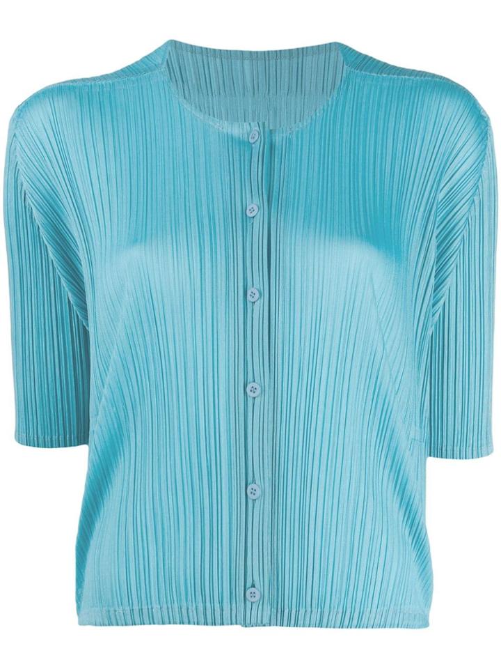 Pleats Please Issey Miyake Collarless Pleated Shirt - Blue