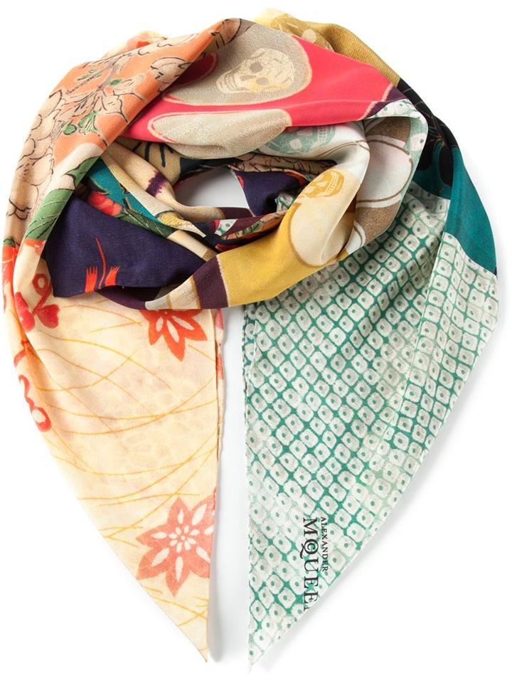 Alexander Mcqueen Multi Print Scarf, Women's, Nude/neutrals, Silk