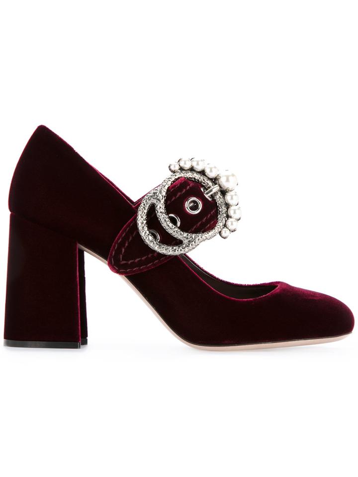 Miu Miu Pearl Buckle Mary Janes - Red
