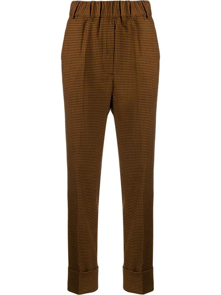 Brag-wette Straight-leg Check Print Trousers - Brown