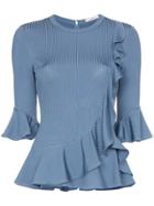Erdem Flora Ribbed Ruffle Trim T-shirt - Blue