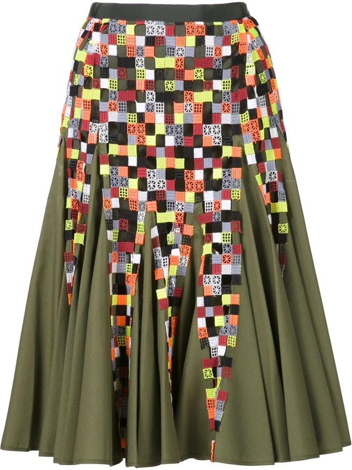Sacai Pleated A-line Skirt, Women's, Size: 3, Green, Cotton