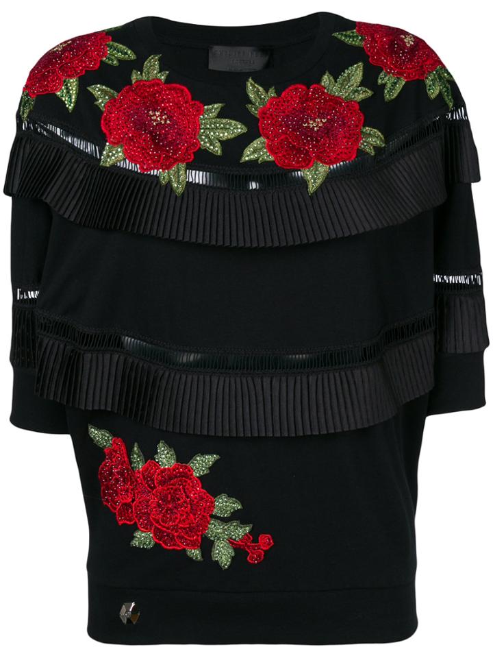 Philipp Plein Embroidered Rose Pleated T-shirt - Black