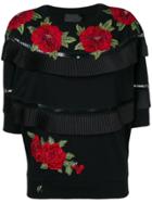 Philipp Plein Embroidered Rose Pleated T-shirt - Black