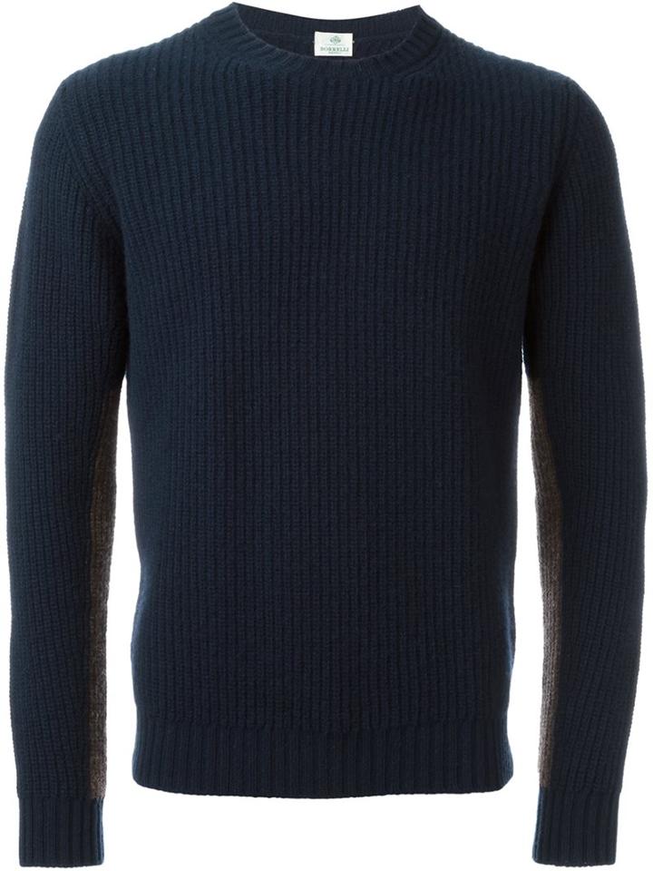 Borrelli Ribbed Crew Neck Jumper, Men's, Size: 50, Blue, Wool