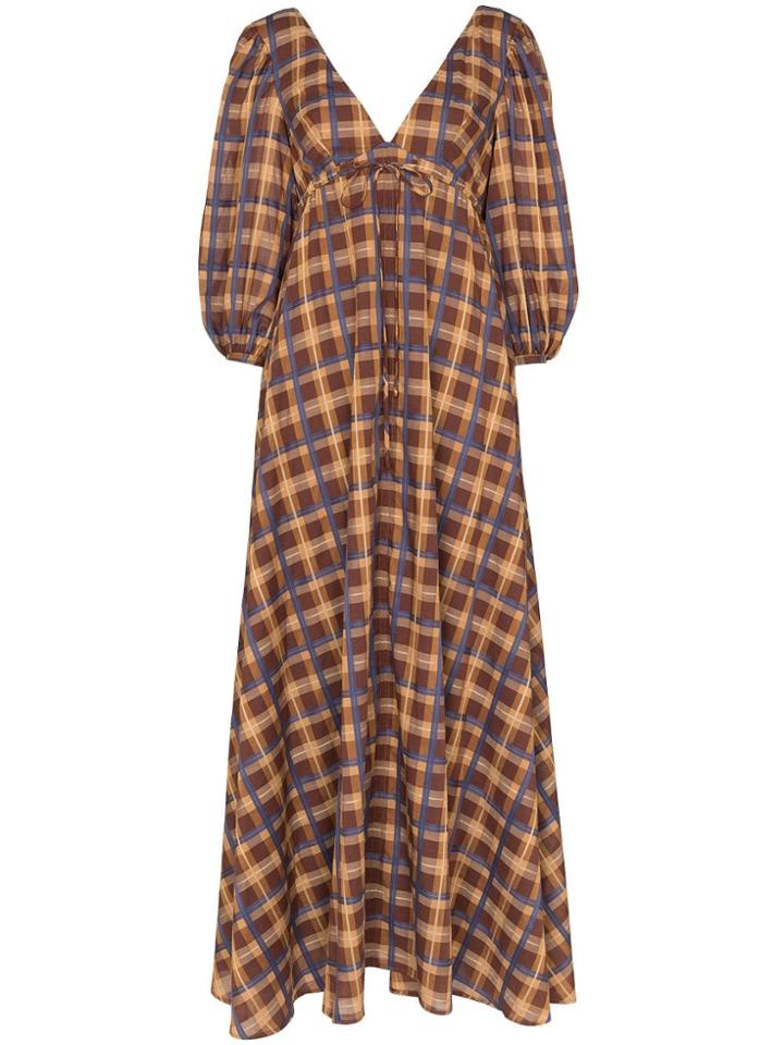 Staud Staud Drs Vn V Bk Pff Ss Plaid Maxi - Brown