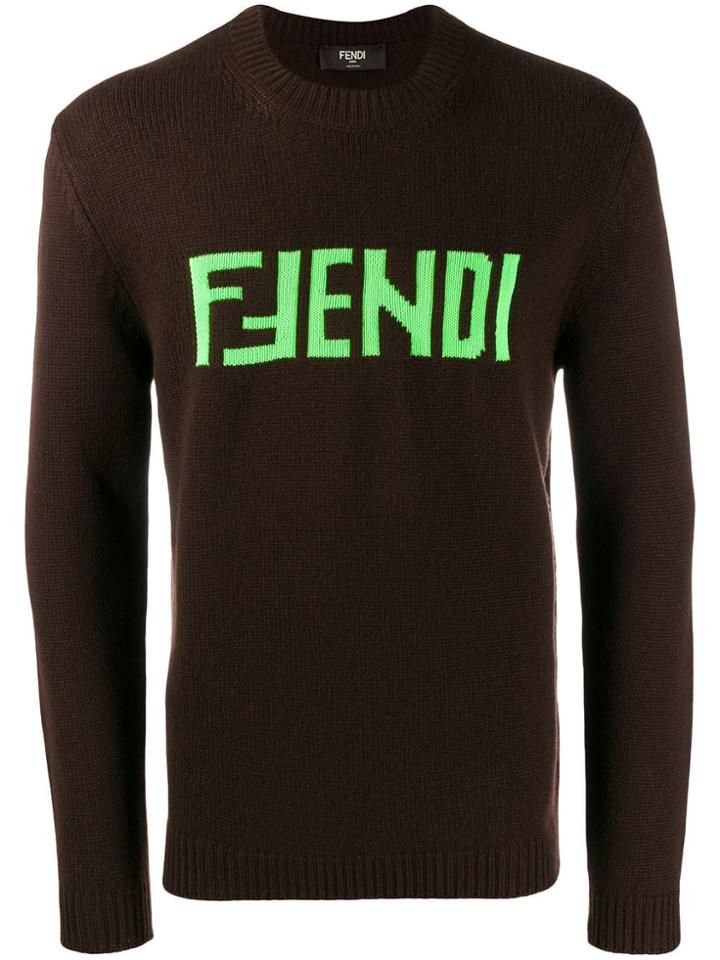 Fendi Cashmere Crewneck Logo Sweater - Brown