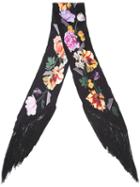 Rockins - 'flora' Fringed Skinny Scarf - Women - Silk - One Size, Black, Silk