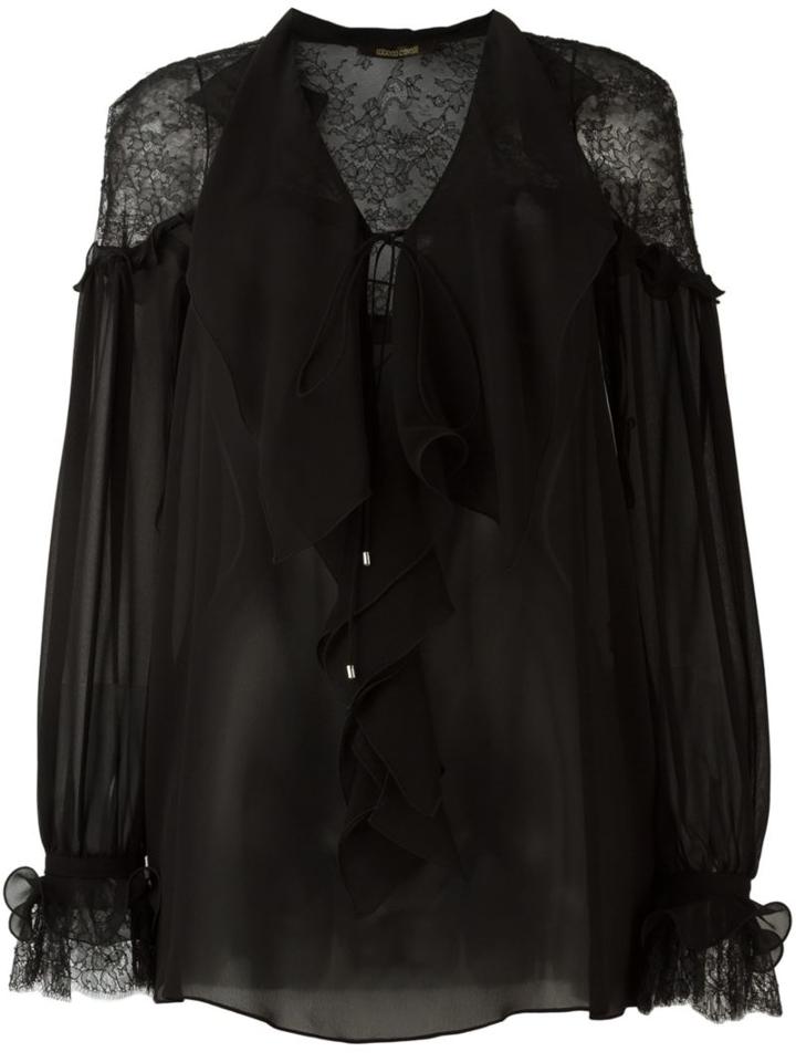 Roberto Cavalli Ruffle Front Blouse, Women's, Size: 42, Black, Silk/polyamide/viscose