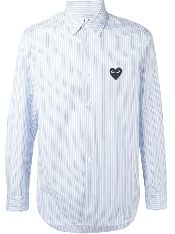 Comme Des Garçons Play Embroidered Heart Striped Shirt, Men's, Size: Xl, Blue, Cotton