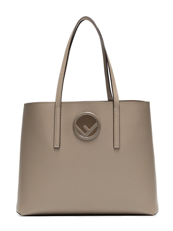 Fendi Taupe Shopper Leather Logo Tote - Nude & Neutrals