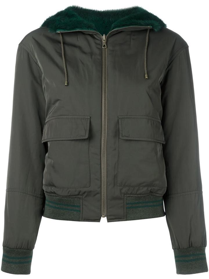 Army Yves Salomon Fur Lined Reversible Bomber Jacket, Women's, Size: 36, Green, Lamb Skin/mink Fur/acrylic/wool