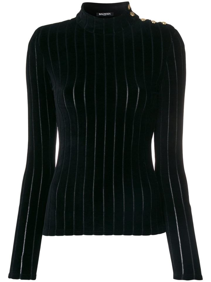 Balmain Velvet Striped Turtleneck Top - Black