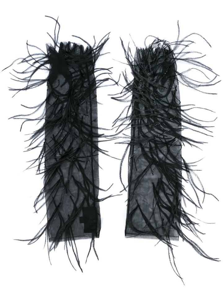 J. Mendel Feather Embellished Mesh Evening Gloves - Black