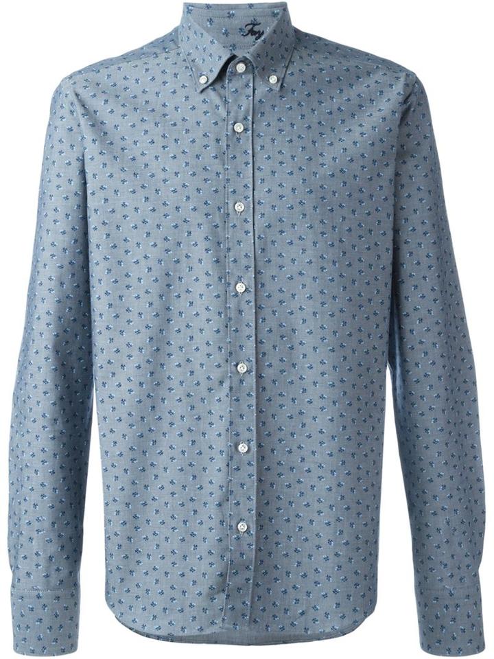 Fay Printed Shirt, Men's, Size: 39, Blue, Cotton