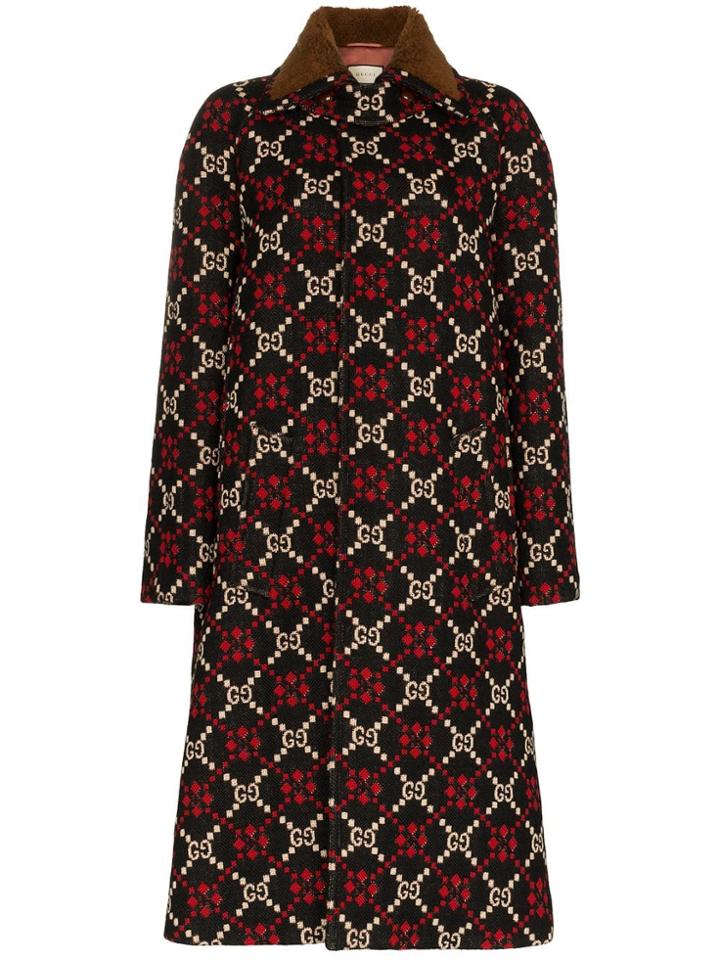 Gucci Macro Gg Diamond Print Wool Coat - Black