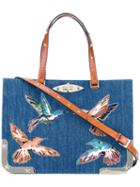 Red Valentino Embroidered Birds Denim Tote, Blue, Cotton/leather/metal