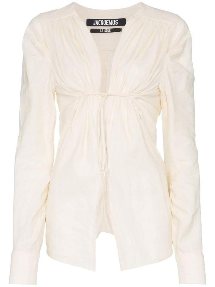 Jacquemus Ecru V-neck Ruched Cotton Linen-blend Blouse - White