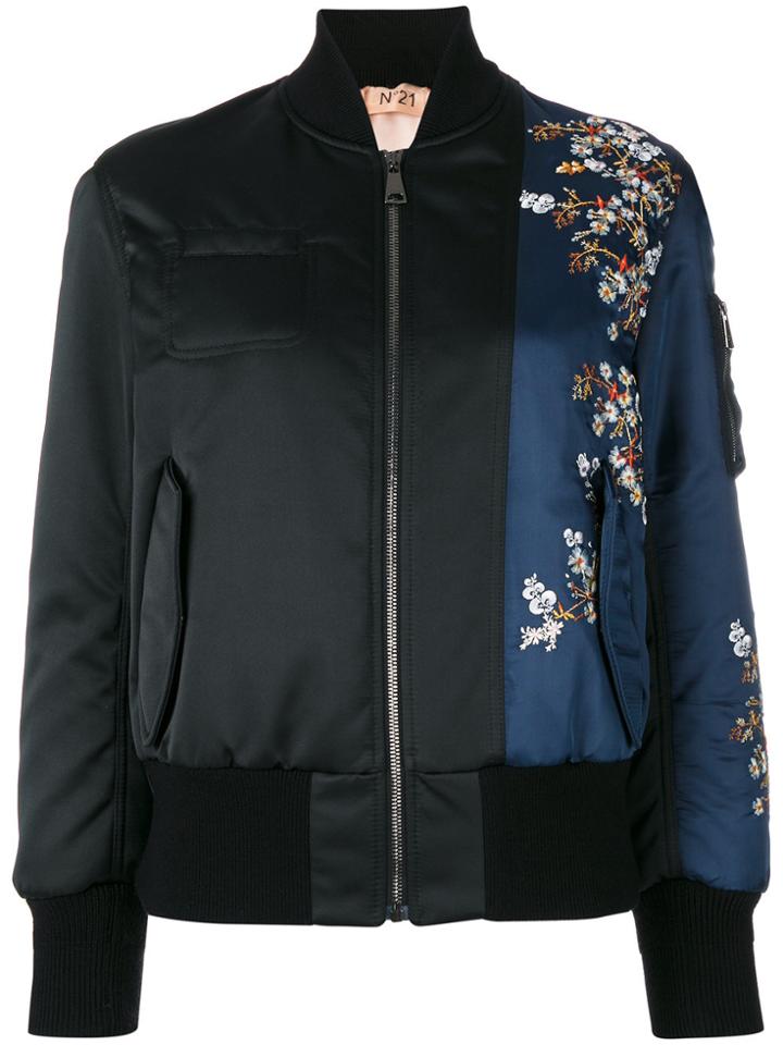 No21 Flower Embroidery Bomber Jacket - Black