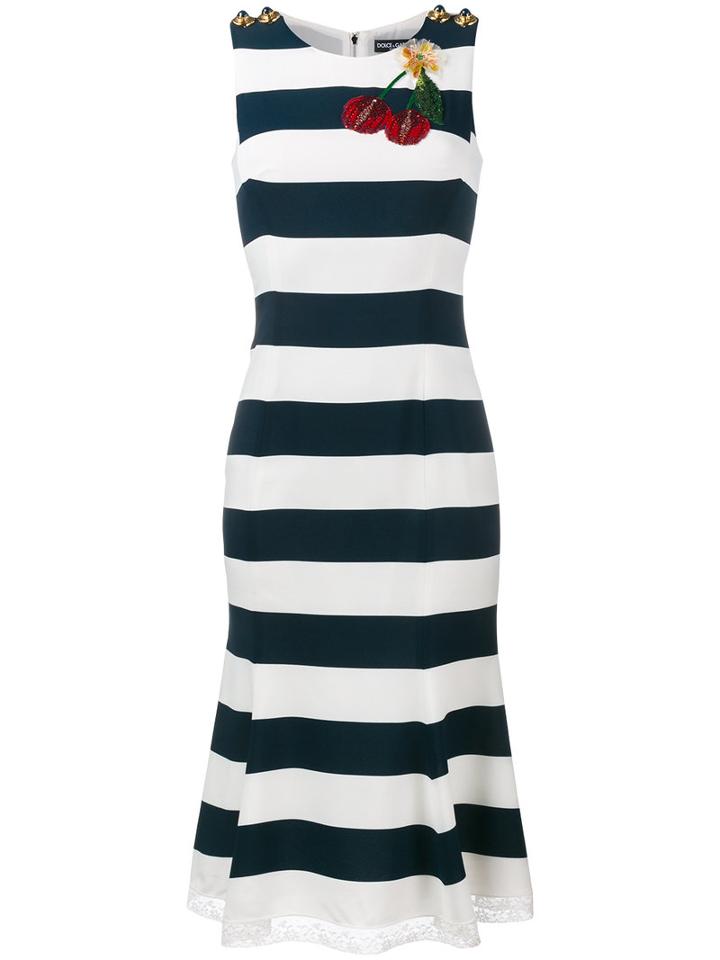 Dolce & Gabbana Cherry Applique Stripe Dress, Women's, Size: 38, Blue, Viscose/cotton/polyamide/glass