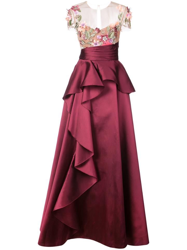 Marchesa Notte Floral-appliquéd Gown - Red