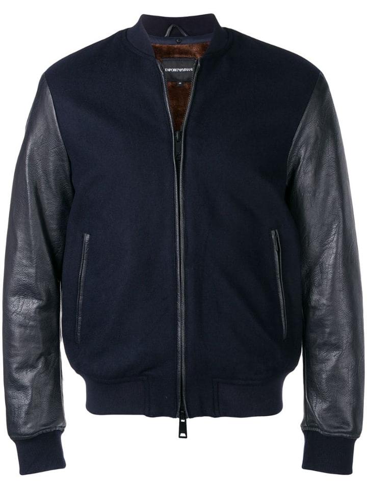 Emporio Armani Faux Leather And Fur Lined Bomber Jacket - Blue