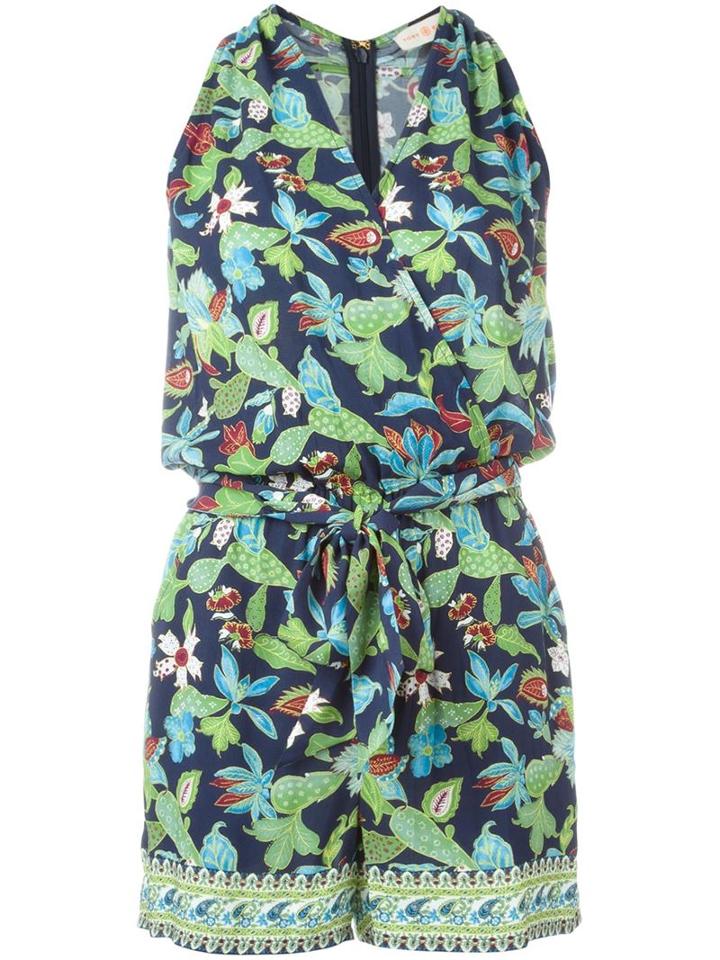 Tory Burch Floral Print Sleeveless Playsuit, Women's, Size: L, Blue, Rayon
