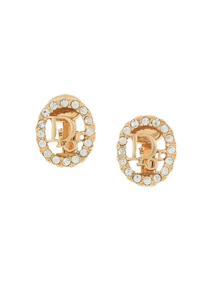 Christian Dior Vintage Rhinestone Logo Earrings - Metallic