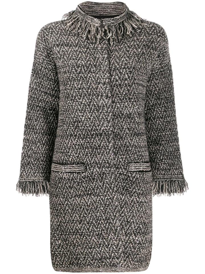 D.exterior Herringbone Fringed Coat - Black