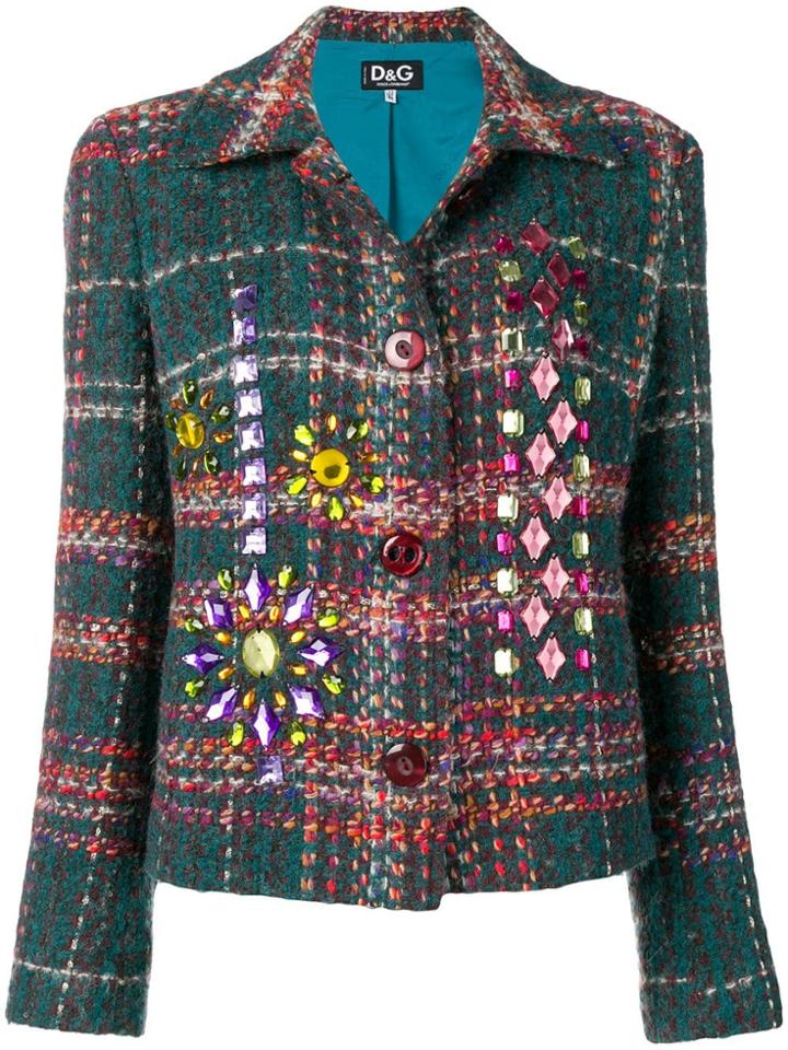Dolce & Gabbana Vintage Crystal Embellished Check Blazer - Green