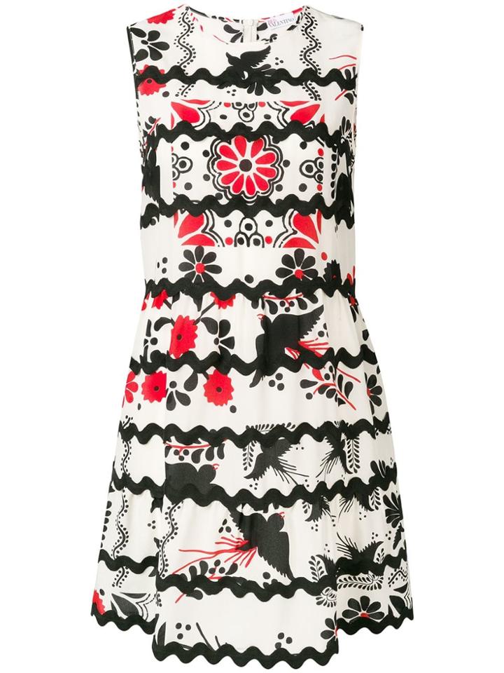 Red Valentino Floral Bird Print Scalloped Dress - White