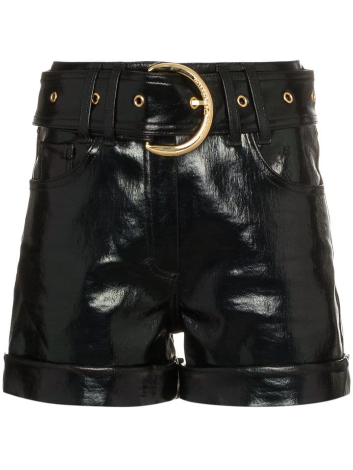 Balmain High Waisted Belted Faux Patent Leather Shorts - Black