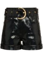 Balmain High Waisted Belted Faux Patent Leather Shorts - Black