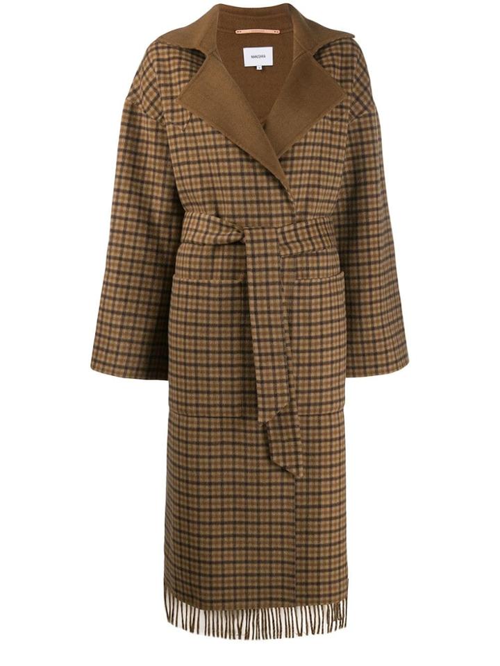 Nanushka Check Print Fringe Coat - Brown