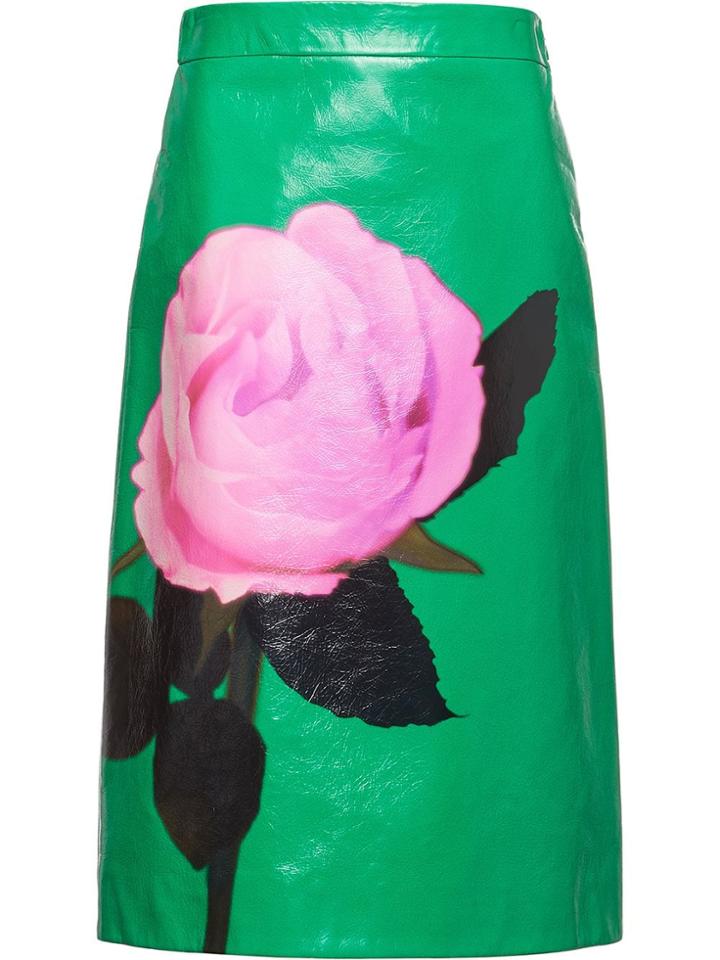 Prada Rose Print Midi Skirt - Green