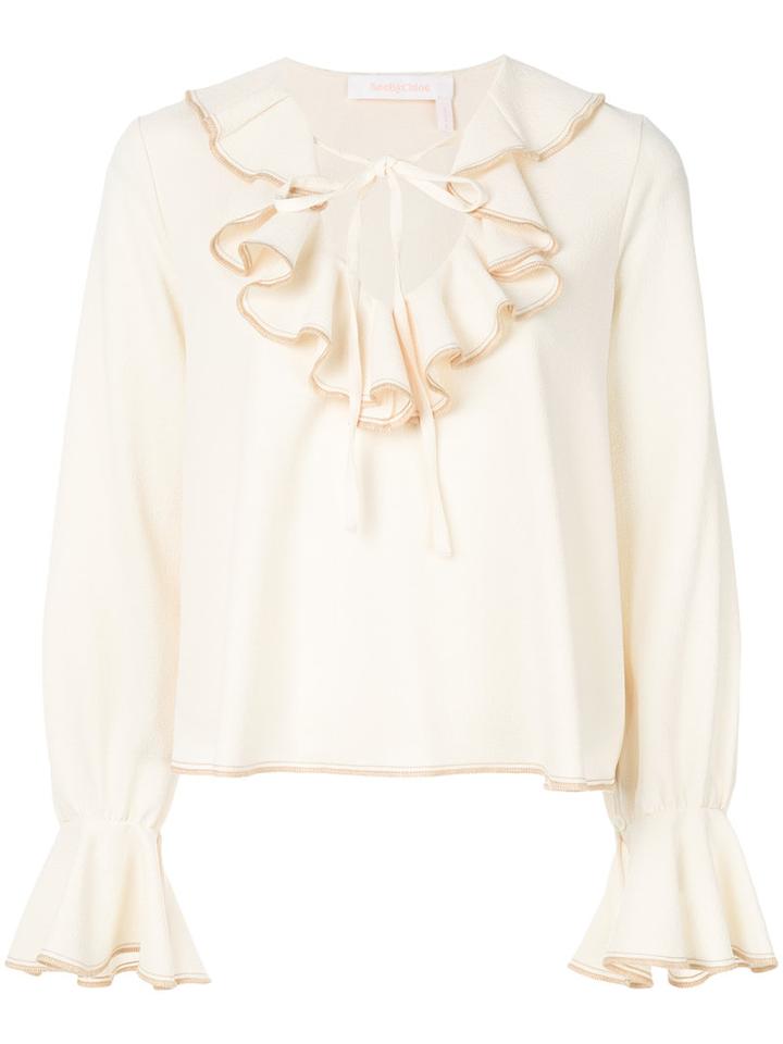 See By Chloé - Ruffled Peasant Blouse - Women - Polyester/spandex/elastane - 40, Nude/neutrals, Polyester/spandex/elastane