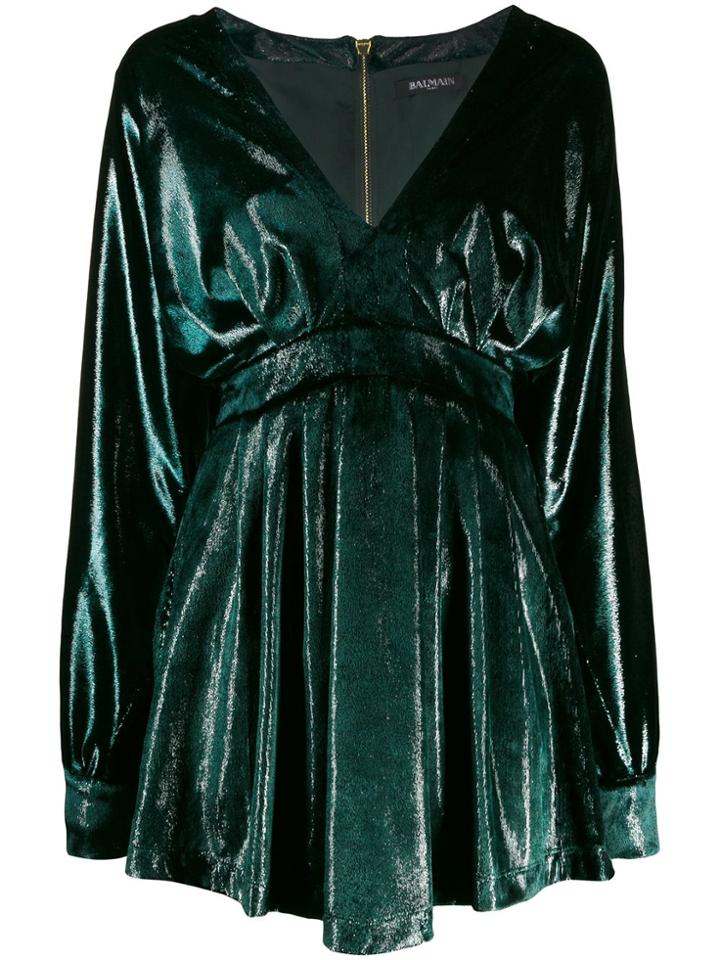 Balmain Plunging Iridescent Velour Dress - Green