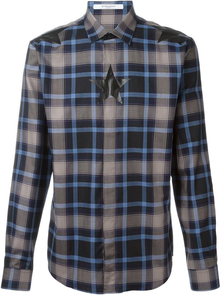 Givenchy Star Print Plaid Shirt, Men's, Size: 42, Grey, Cotton