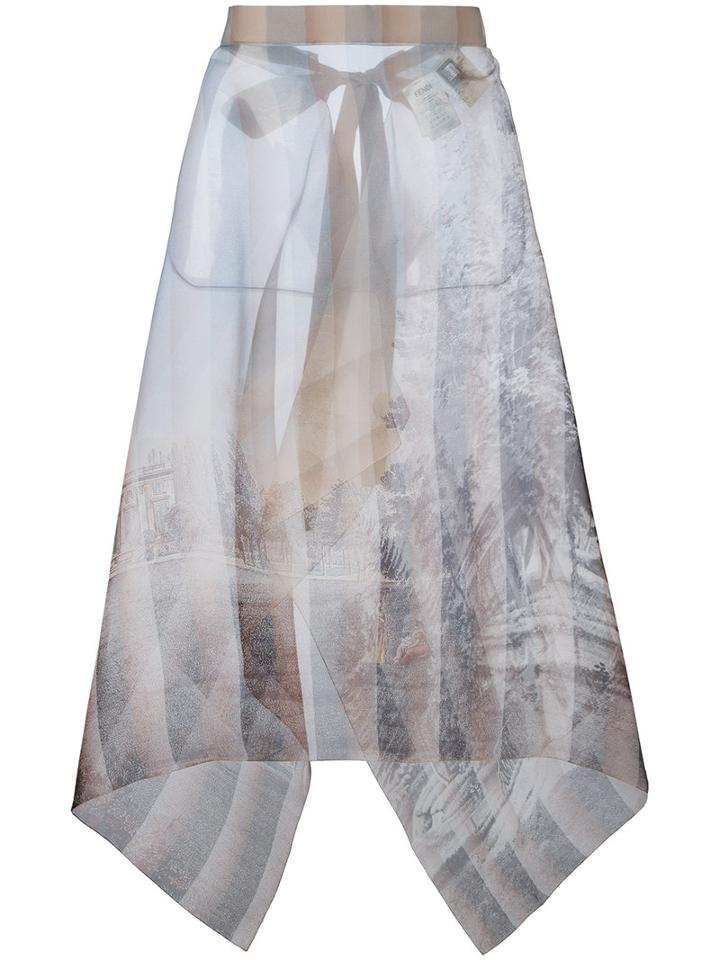 Fendi Sheer Printed Skirt, Women's, Size: 44, Nude/neutrals, Silk/viscose/cotton