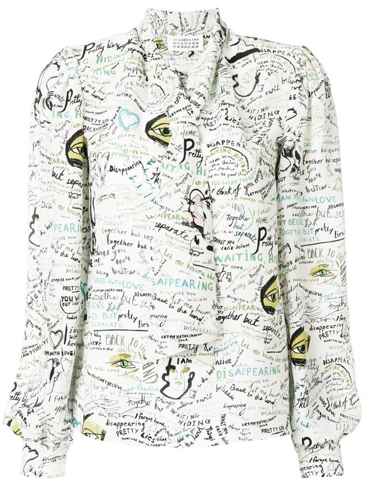 Maison Margiela Scribble-print Georgette Bow Blouse - White