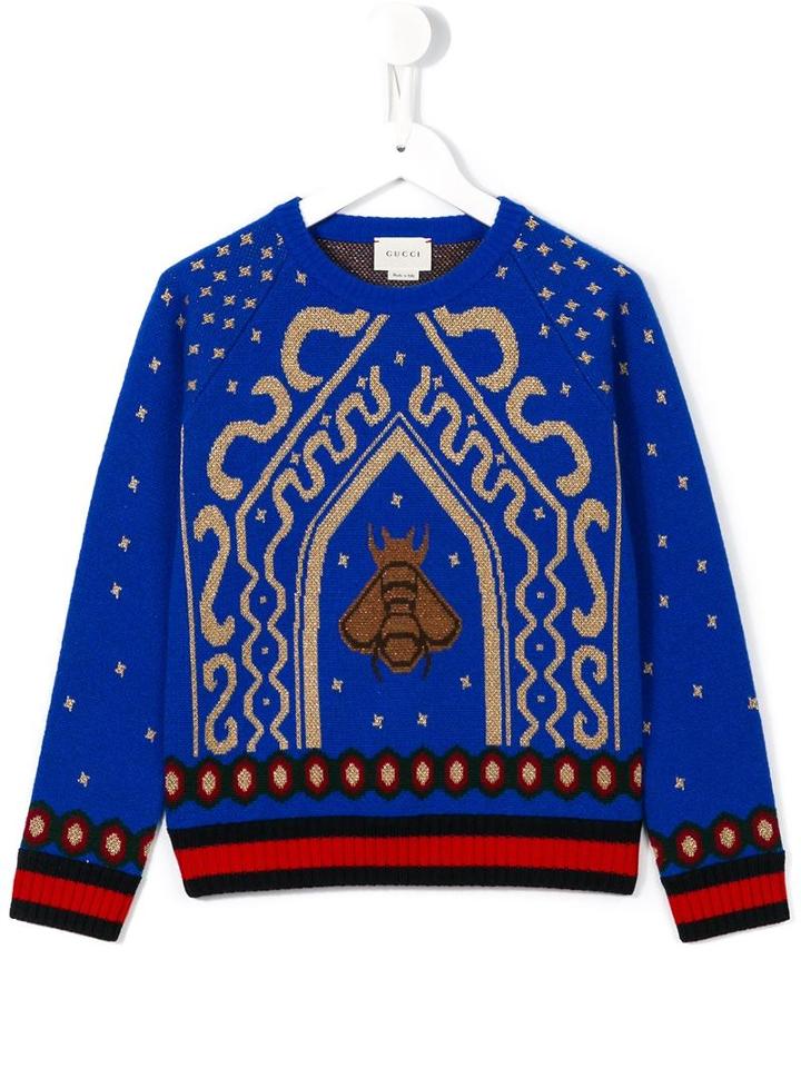 Gucci Kids Bee Intarsia Jumper, Girl's, Size: 10 Yrs, Blue