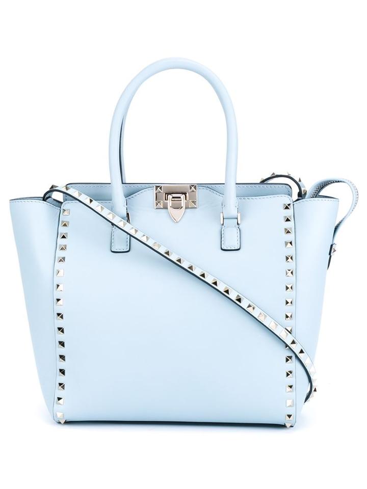 Valentino Rockstud Trapeze Tote, Women's, Blue, Cotton/calf Leather