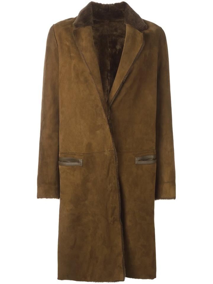 Yves Salomon Long Notched Lapel Coat, Women's, Size: 40, Brown, Lamb Skin/lamb Fur