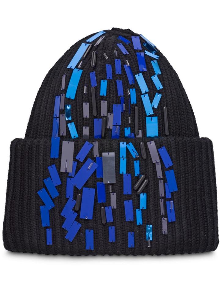 Prada Embroidered Skyline Motif Beanie - Black